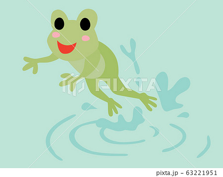 水中からジャンプするカエルのイラストのイラスト素材