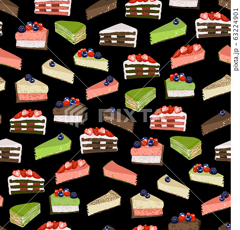 Triangular cake pieses of different tasted covered with berries. Triangular cake pieses of different tasted covered with berries. 63224901