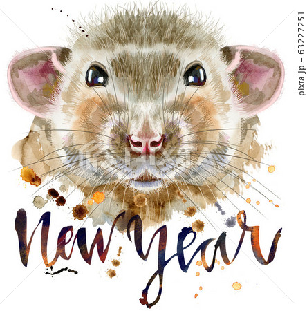 Watercolor portrait of rat with the inscription Watercolor portrait of rat with the inscription 63227251