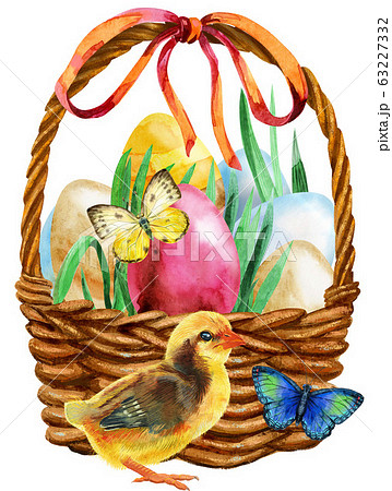 Watercolor illustration Easter basket with eggs, Watercolor illustration Easter basket with eggs, 63227332