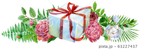 Watercolor llustration with gift box and peonies. 63227437