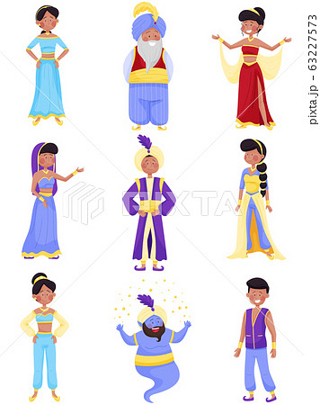 People Characters Wearing East Clothing Vector Illustrations Set 63227573