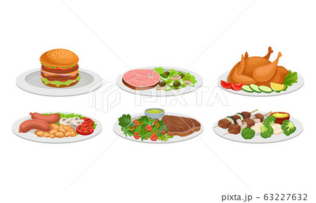 Meat Dishes and Courses Served on Plates with Shashlik and Hamburger Vector Set 63227632