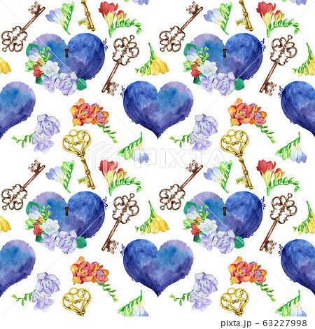 Seamless watercolor pattern with vintage hearts, 63227998