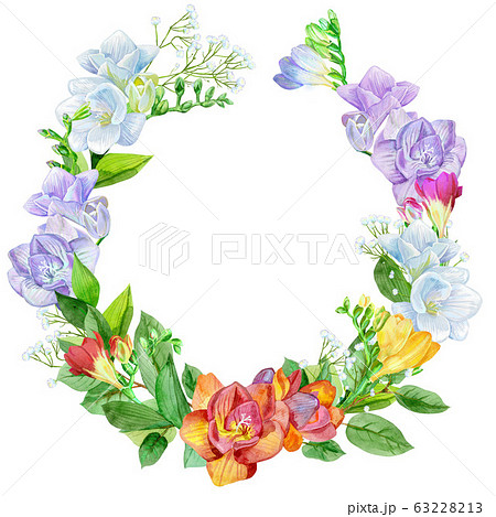 Watercolor Illustration Freesia Wreath Vintageのイラスト素材