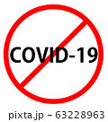 Text COVID-19 is in red circle With red line projected through the circle. Stop COVID-19. Text is in traffic sign. 63228963