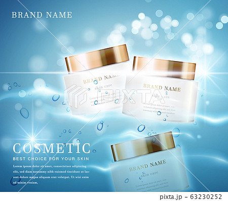 3D elegant cosmetic bottle container with shiny water glimmering background template banner. 3D elegant cosmetic bottle container with shiny water glimmering background template banner. 63230252