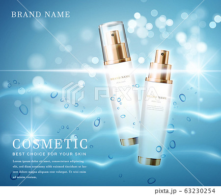 3D elegant cosmetic bottle container with shiny water glimmering background template banner. 3D elegant cosmetic bottle container with shiny water glimmering background template banner. 63230254