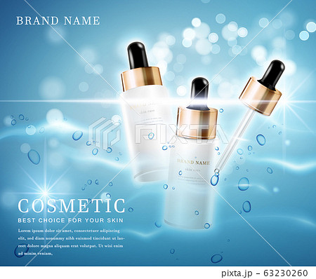 3D elegant cosmetic bottle container with shiny water glimmering background template banner. 3D elegant cosmetic bottle container with shiny water glimmering background template banner. 63230260