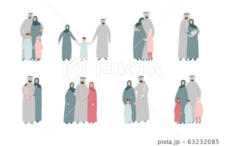 Set of different Muslim families. Arabian parents with kids in traditional islamic clothes. Cartoon vector characters isolated on white background 63232085
