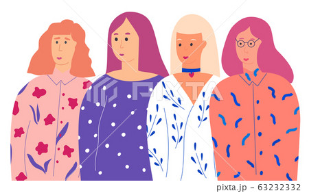 Four young women or girls dressed in trendy clothes standing together. Group of friends or feminist activists. Female cartoon characters isolated on white background. Flat colored vector illustration Four young women or girls dressed in trendy clothes standing together. Group of friends or feminist activists. Female cartoon characters isolated on white background. Flat colored vector illustration 63232332