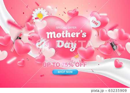 Happy mother's day sale banner design with realistic flowers, lipstick, glitters and hearts on pink. 63235909