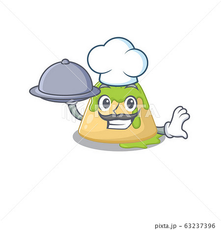 Pudding green tea as a chef cartoon character with food on tray Pudding green tea as a chef cartoon character with food on tray 63237396
