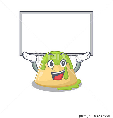 Happy cartoon character of pudding green tea raised up board Happy cartoon character of pudding green tea raised up board 63237556