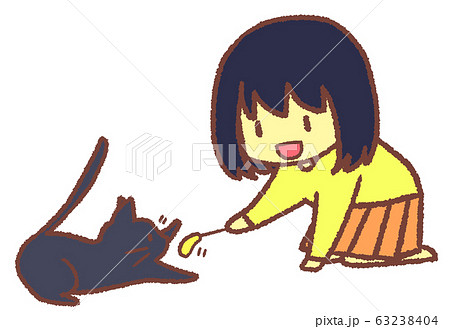 ネコと遊ぶ女の子のイラスト素材