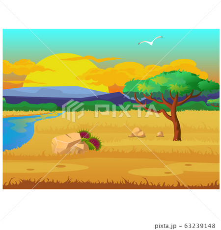 Picturesque landscape with a river, a meadow of dried grass, trees and flying bird. Vector cartoon close-up illustration. 63239148