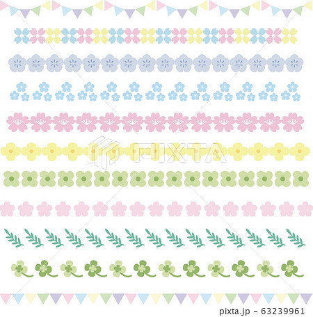 春 花 草 さくら 菜の花 クローバー ライン 飾りセットのイラスト素材