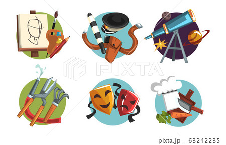 Symbols of Various Professions Collection, Artist, Policeman, Astronomer, Gardener, Actor, Chef Cook Signs Vector Illustration on White Background 63242235