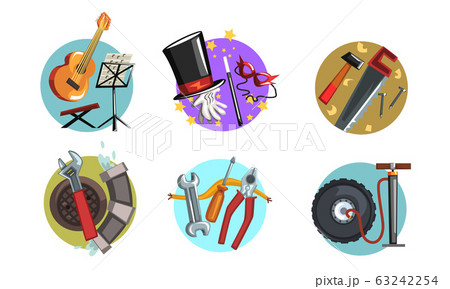 Symbols of Various Professions Collection, Musician, Magician, Carpenter, Plumber Signs Vector Illustration on White Background 63242254