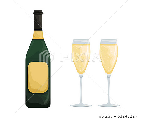 Two glasses of white sparkling wine and a bottle. 63243227