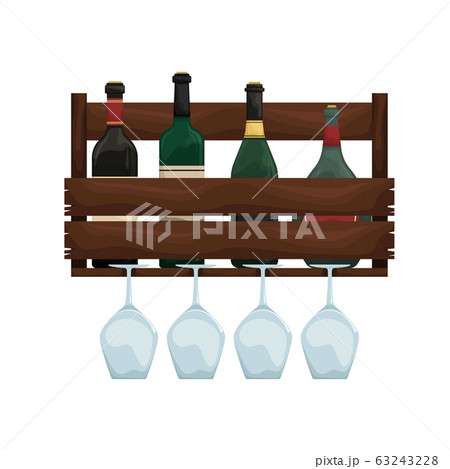 Wooden wine shelf with glass holders. Wine cellar. Wooden wine shelf with glass holders. Wine cellar. 63243228