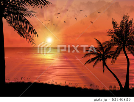 Tropical Sunset Or Sunrise With Palm Treesのイラスト素材