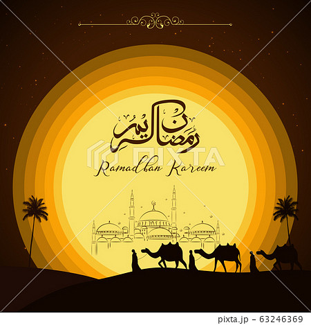Ramadan Kareem with Camel walks through the desert in evening on background Ramadan Kareem with Camel walks through the desert in evening on background 63246369