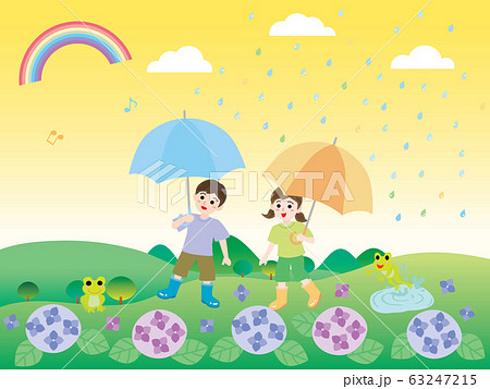 梅雨の紫陽花と子供たちと里山の風景 63247215
