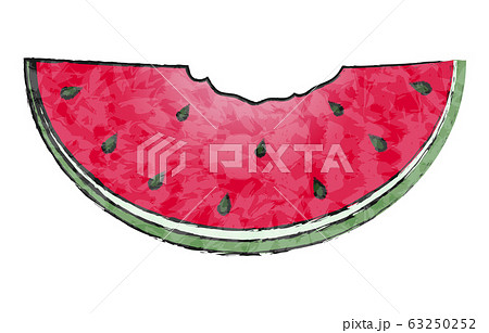 西瓜：大きなカットサイズ、一口食べてる、透明水彩風 63250252