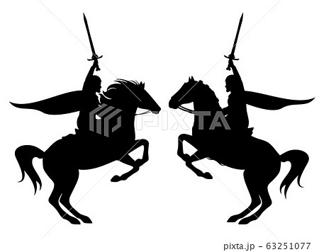 Knight With Sword Riding Rearing Up Horse Black のイラスト素材