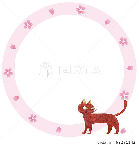 猫と桜 フレーム 背景白 ピンクリングのイラスト素材