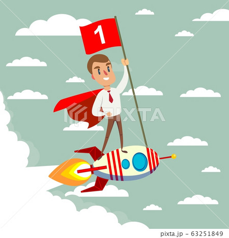 Happy businessman holding number one flag standing on rocket ship flying through sky. Happy businessman holding number one flag standing on rocket ship flying through sky. 63251849