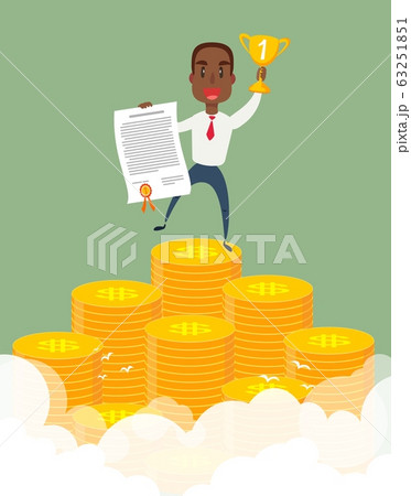 Businessman stands on large stack of coins. Businessman stands on large stack of coins. 63251851