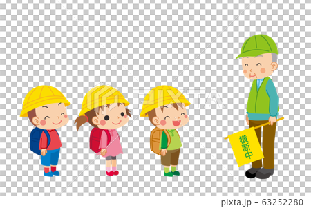 Elementary school students talking with a green man who guides traffic 63252280