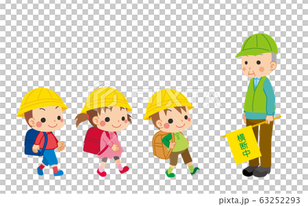 交通誘導をする緑のおじさんと登校する小学生 63252293