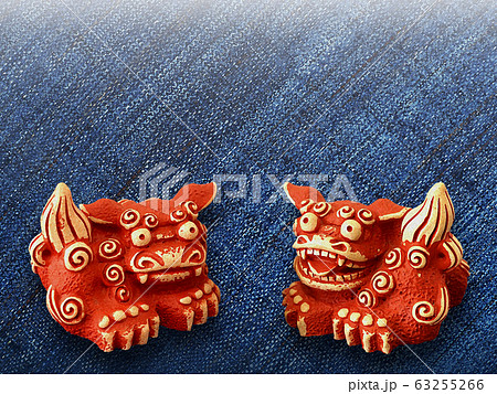 沖縄　シーサーと琉球染め　イラスト 63255266