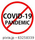 Text COVID-19 PANDEMIC is in red circle With red line projected through the circle. Stop COVID-19 PANDEMIC. Text is in traffic sign. 63258339