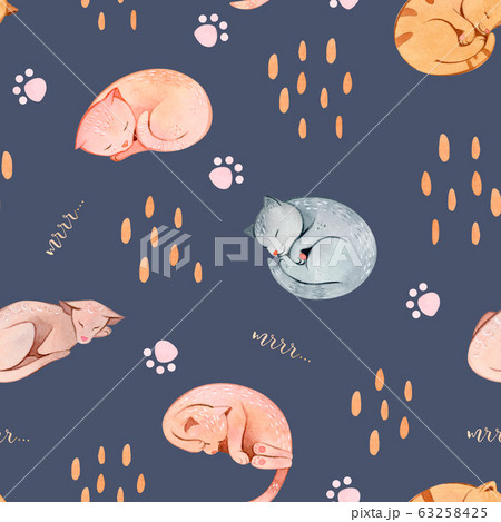 Hand painted watercolor seamless pattern with sleeping cats and paws 63258425