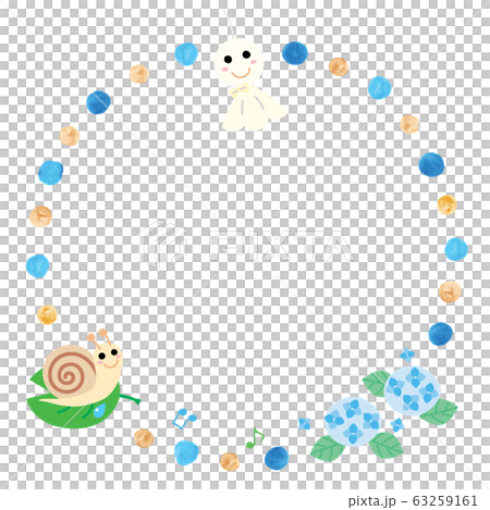 梅雨のてるてる坊主と紫陽花とカタツムリの丸いフレーム 63259161