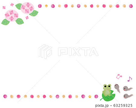 梅雨の紫陽花とカエルのピンクのフレームのイラスト素材