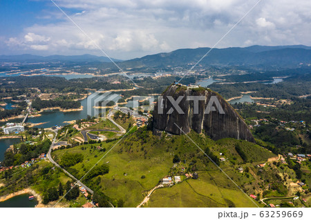 Aerial view landscape of the Rock of Guatape, Piedra Del Penol, Colombia. 63259669