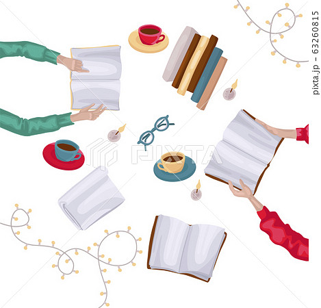 Two pairs of hands hold books. Pile of books and burning candles on table. Vector illustration. Two pairs of hands hold books. Pile of books and burning candles on table. Vector illustration. 63260815