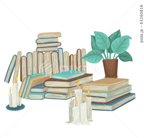 Pile of books and burning candles on table. Vector isolated illustration 63260816