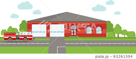 Fire station emergency concept. Panoramic background with fire station building and fire truck in flat style. Fire station emergency concept. Panoramic background with fire station building and fire truck in flat style. 63261304