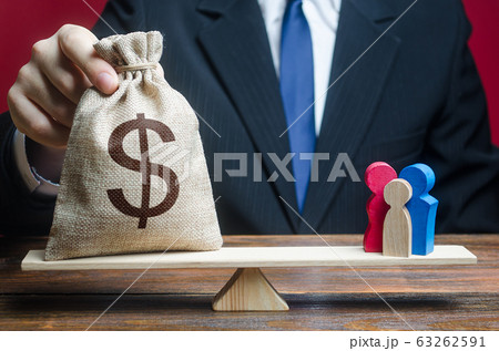 Man puts dollar money bag on scales with family figures. Social assistance, financial support for who in need, vulnerable populations. Charitable donations, invest in human capital. help aid migrants 63262591
