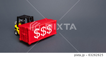 Forklift truck transports sea freight container with dollar symbols. Trade economic potential. Profit from export. Investment, international loans. Transport industry. Business development new markets 63262625