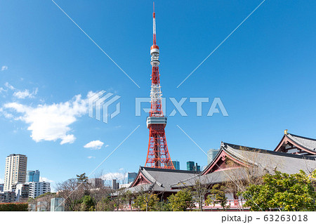(東京都ｰ都市風景)青空の下の増上寺と東京タワー３ 63263018