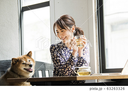 ドックカフェ カフェ 犬 女性の写真素材