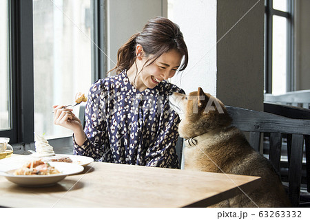 ドックカフェ カフェ 犬 女性の写真素材