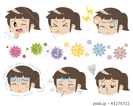 体調不良の女の子とウイルス ハウスダストのセット 主線なし のイラスト素材